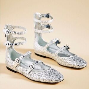 Anthropologie Larroude Alexa Flats 4 Buckle Ballet Silver Glitter Size 8 NWOT